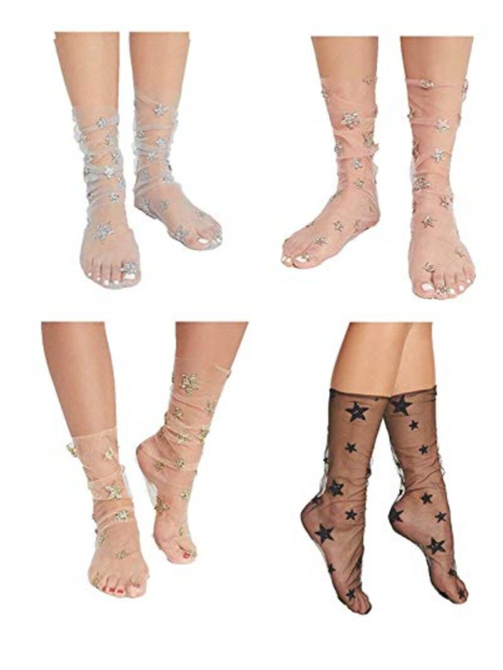 Glitter Lace Sheer Ankle Socks 4 Pairs Nylon Dress Casual Women